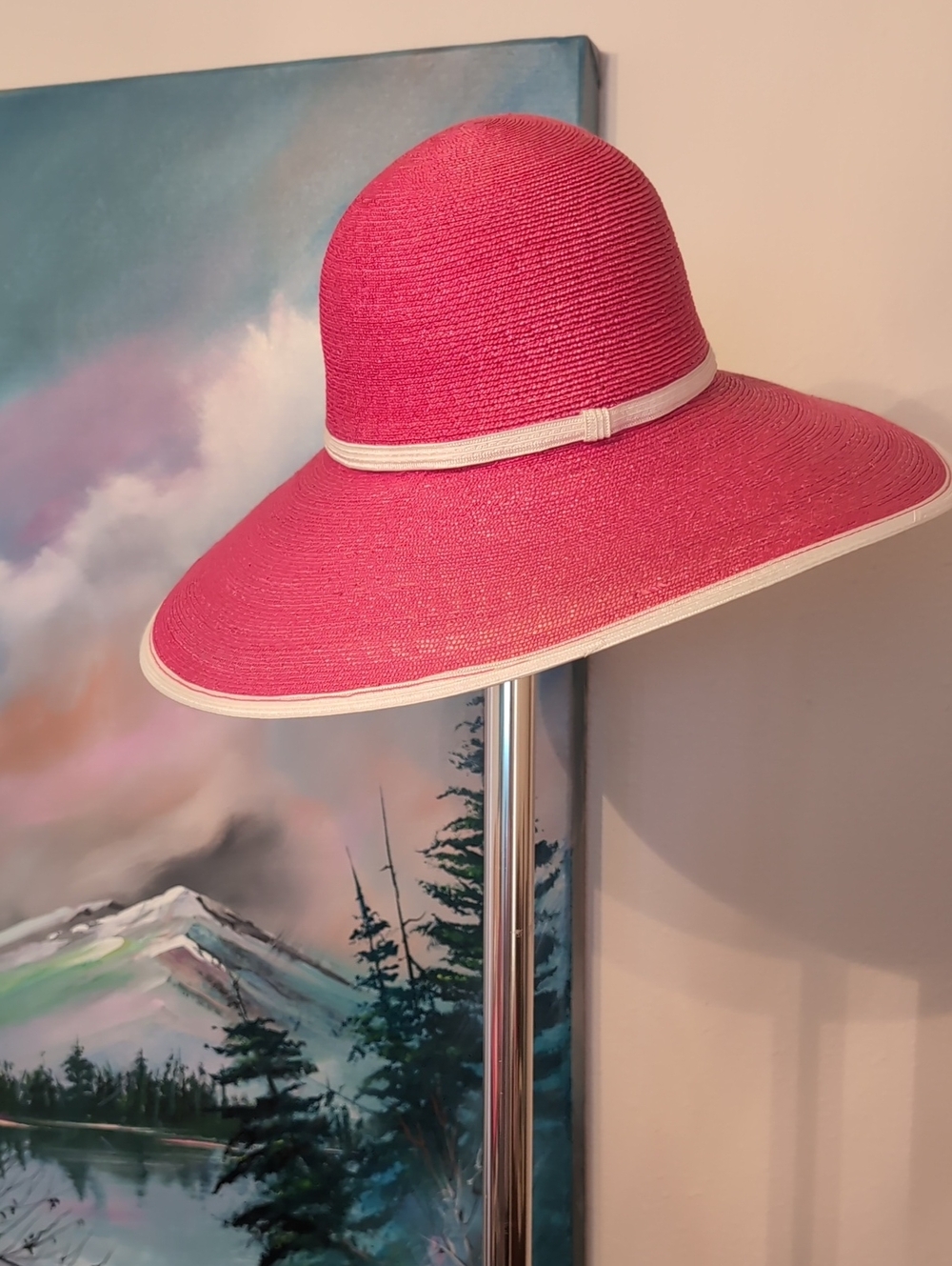 Nordstrom Hot Pink Straw Wide Brim Sun Hat White Trim Made in Italy